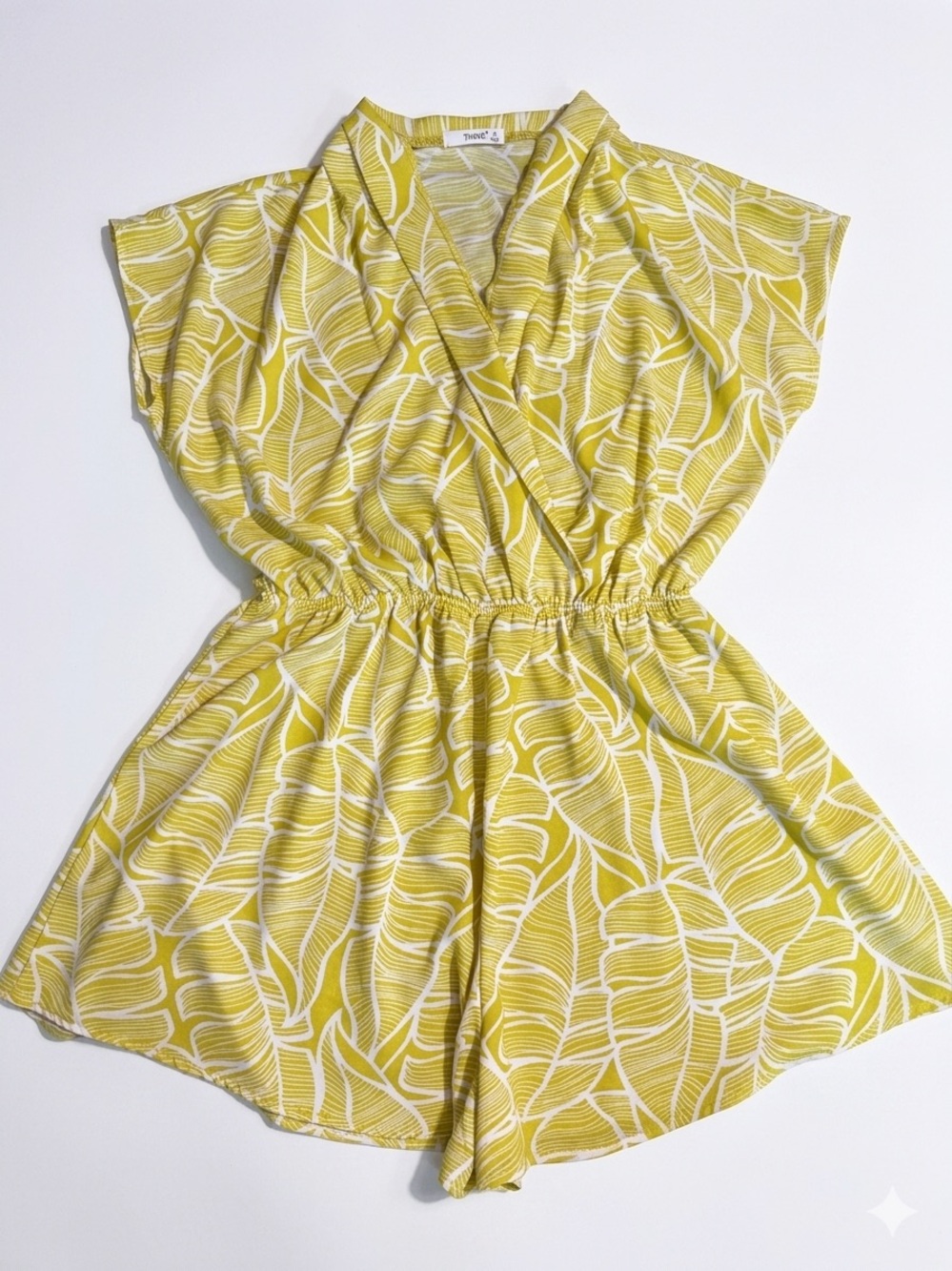 Timing Yellow and White Leaf-Print Romper